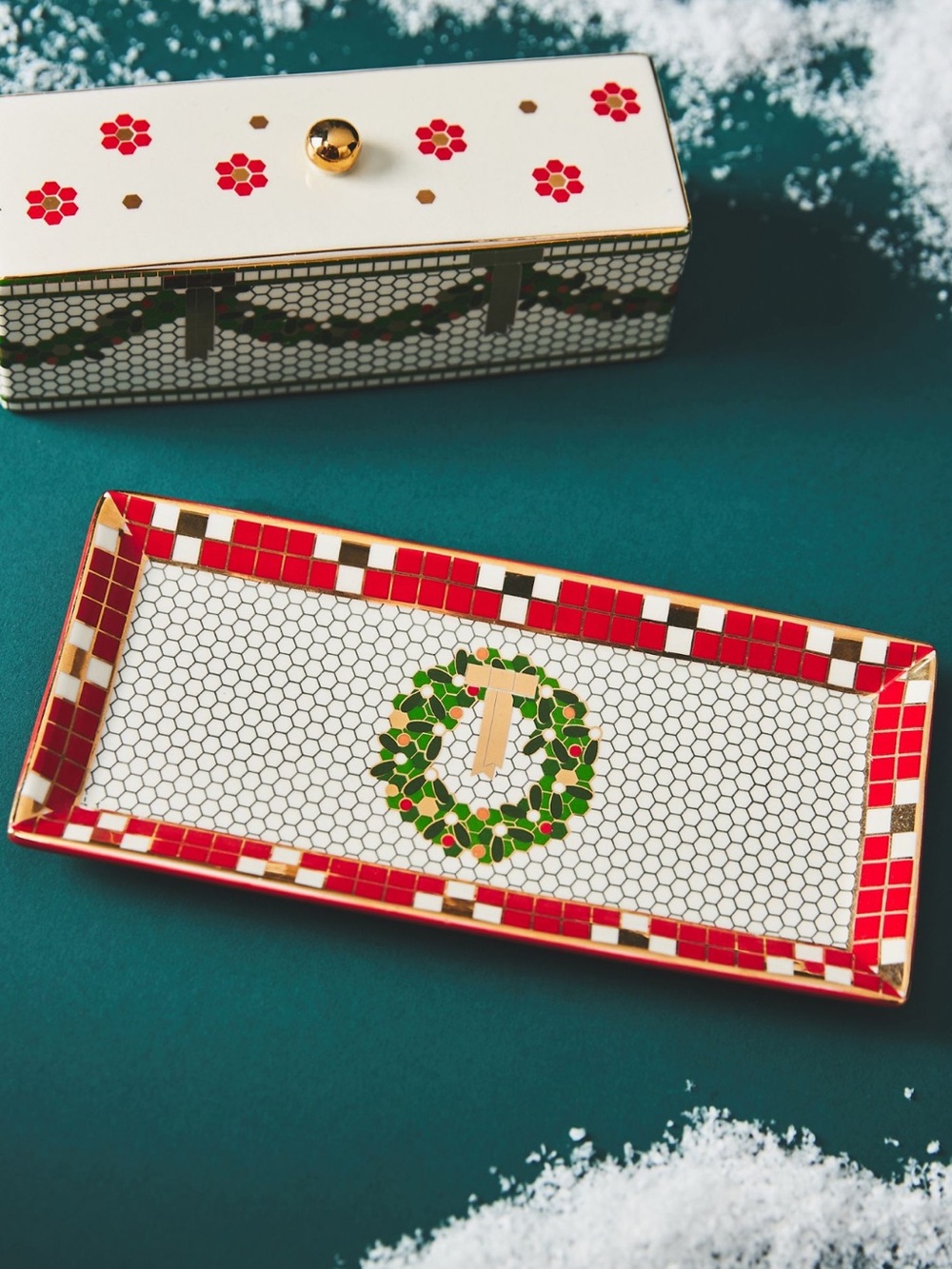 Anthropologie Christmas Butter Dish Stoneware Festive Tile New Hand Painted 24K